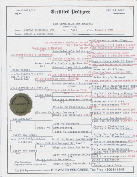 SIR CHANCELOR VON MAXWELL'S 5 GENERATION PEDIGREE